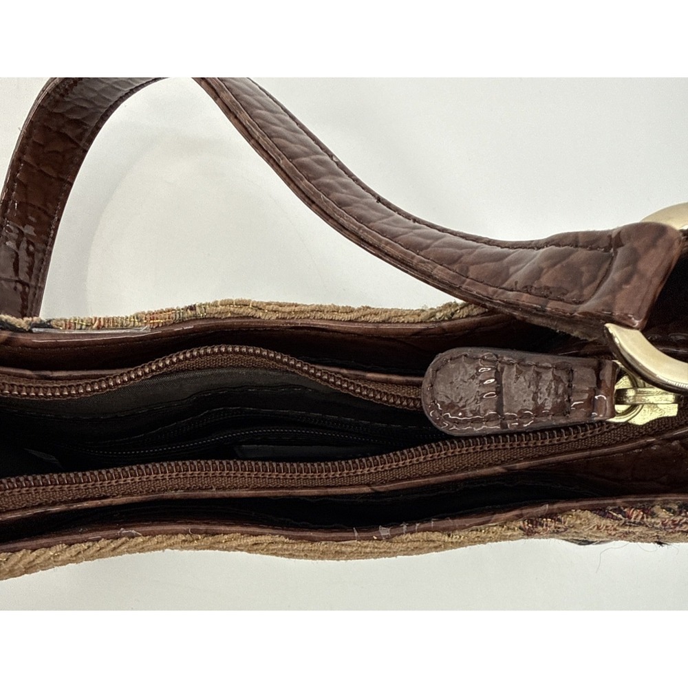 Liz Claiborne Brown & Lt Tan Floral Tapestry Fabric Leather Trim Gold Thread - Picture 7 of 7